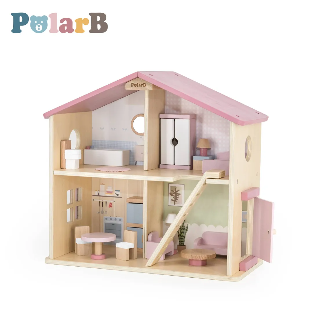 Дрвена куќичка за кукли PolarB со мебел