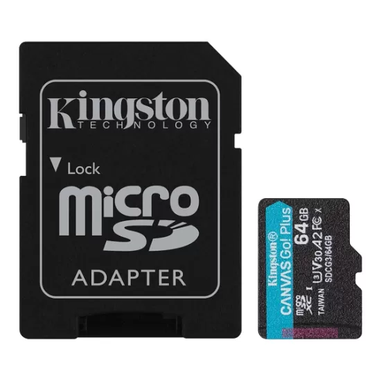 1Secure Digital Micro Kingston 64GB SDXC Canvas Go Plus cl10 170R/70W UHS-I U3 V30 A2