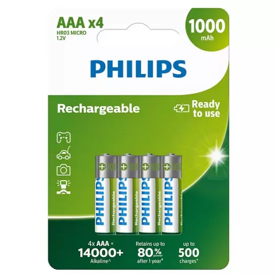 1Batteries Philips Rechargable AAA 4pack 1000 mAh