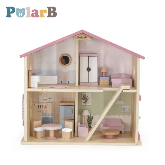 Дрвена куќичка за кукли PolarB со мебел