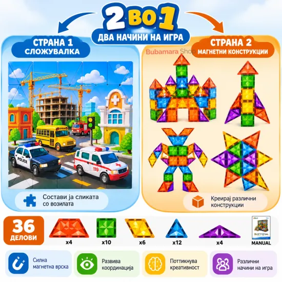Магнетни блокови со сложувалка Сообраќај - 36 делови